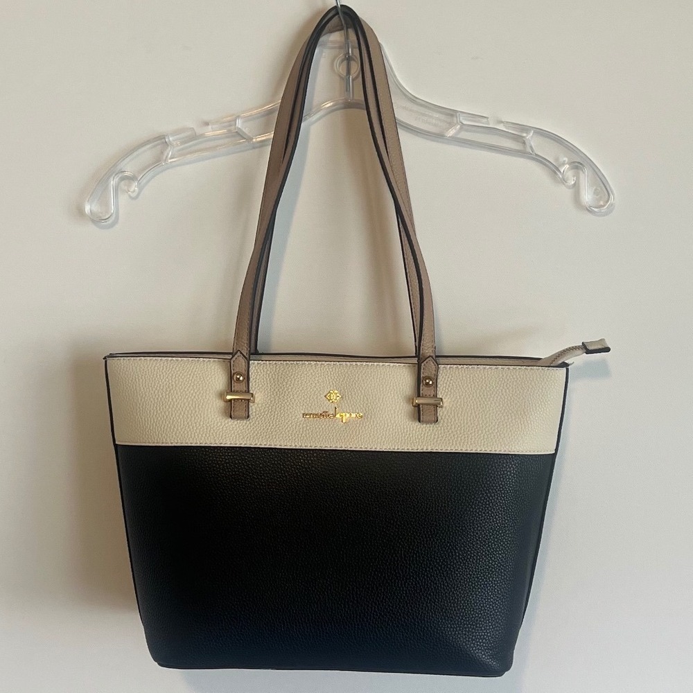Nanette Lepore Color Block Tote Bag Black Cream Tan Gold Tone Hardware